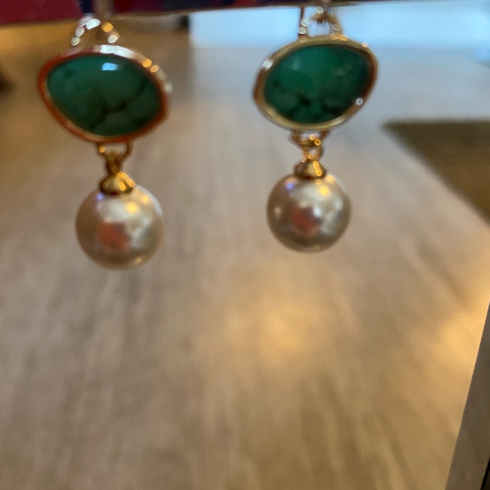 18kt gold plated drop earrings turquoise with pear drop. jewelry a hanging loop - Picture 10 of 11